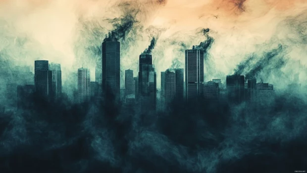 Cityscape skyline distorted by swirling graffiti smoke.