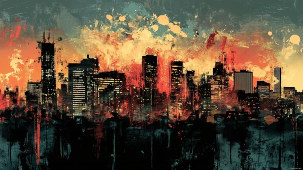 Cityscape skyline lit with soft ambient graffiti style light.