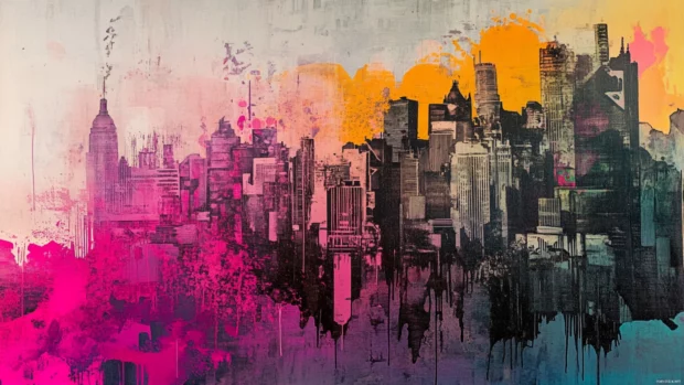 Cityscape submerged in pastel graffiti and glow textures.