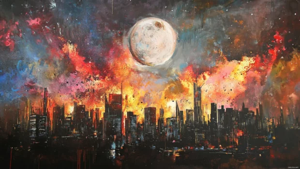 Cityscape under firework like graffiti bursts in urban sky.