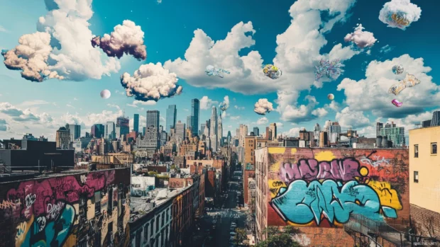 Cityscape with rooftops transformed into floating graffiti tags.