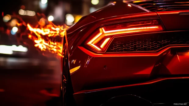 Classic Lamborghini Huracan wallpaper 4K showcasing rear tail lights and exhaust flames at night.