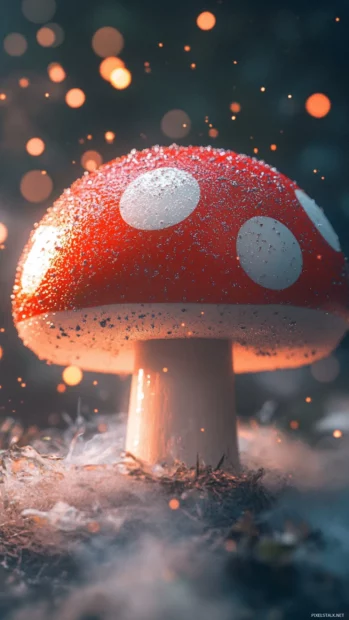 Classic Mario phone wallpaper, featuring a close up of a Super Mushroom with a glittering aura, iconic and bright.