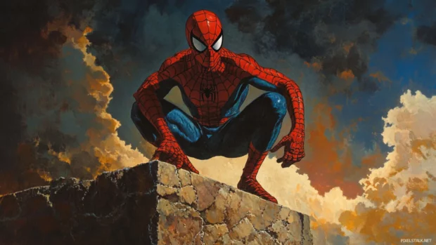 Classic Spiderman crouching on a ledge with a stormy sky behind.