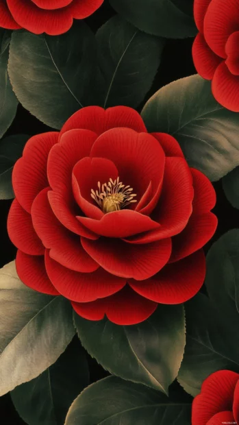 Classic camellia iPhone lock screen wallpaper in deep red hues.