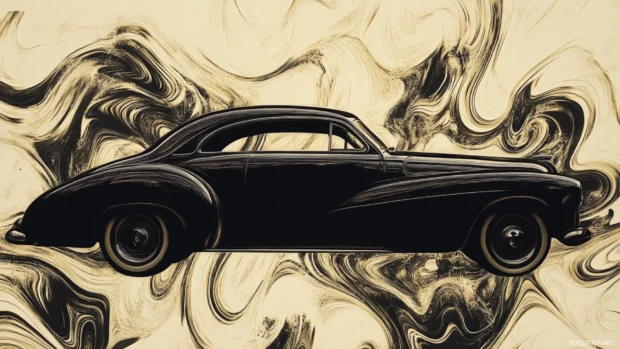 Classic car silhouette outlined in muted graffiti swirls.