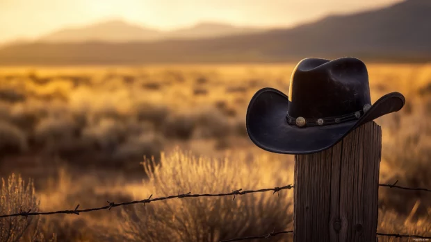 Classic cowboy hat on fence post, golden light casting shadows on dusty plains.