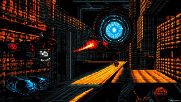 Classic gaming wallpaper, 8 bit character, pixel obstacles, futuristic neon platform.