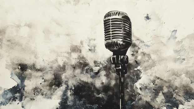 Classic microphone suspended in faded ink mist.
