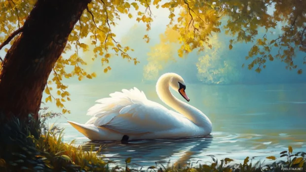 Classic oil painting style Swan resting under trees.