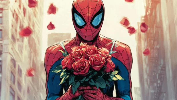 Classic red and blue Spiderman holding a bouquet of roses.