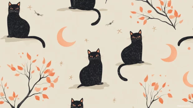 Classic retro Halloween wallpaper in muted tones featuring black cats and crescent moons.