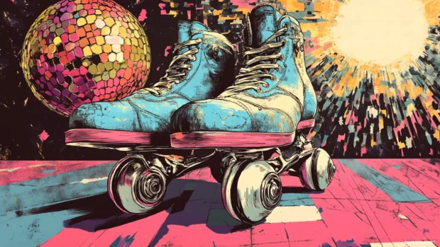 Classic roller skates and disco balls drawn in comic book texture.