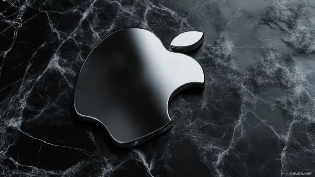 Classic silver Apple logo floating over dark marble texture, crafted for Apple MacBook Pro wallpaper.