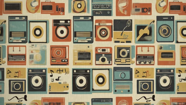 Classic tile pattern showcasing boomboxes cassette tapes and musical notes pop of bright colors muted background nostalgic music vibe.