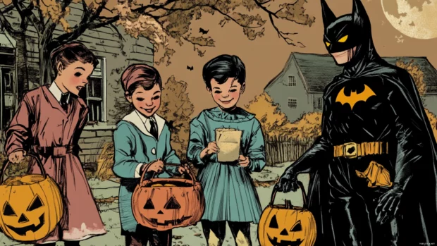 Classic trick or treaters drawn in 950s comic book style.