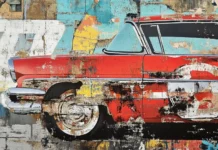 Classic vinyl motifs embedded in layered vintage graffiti wallpapers.