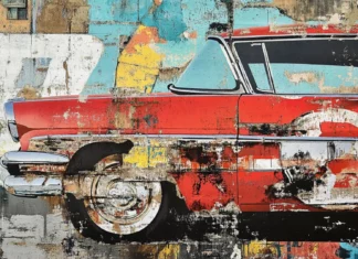 Classic vinyl motifs embedded in layered vintage graffiti wallpapers.