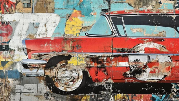 Classic vinyl motifs embedded in layered vintage graffiti wallpapers.