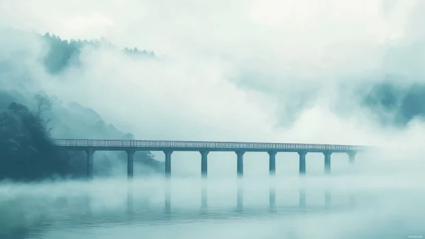 Clean 4K minimalist art of Bridge over mist, gentle color palette.