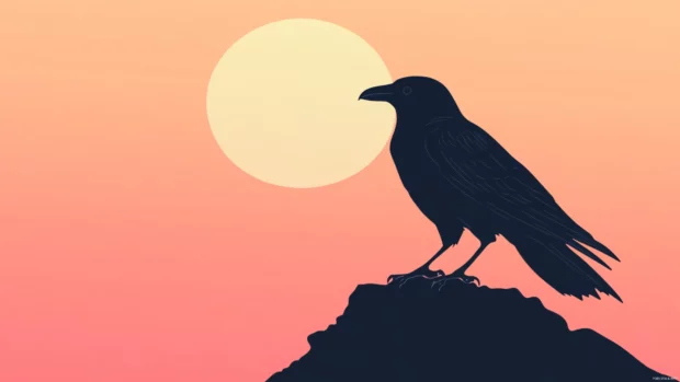 Clean 4K minimalist art of Silhouette of a crow, gentle color palette.