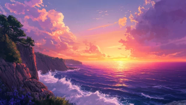 Cliffs overlooking the sea, waves crashing below under a vibrant sunset wallpaper sky for desktop.