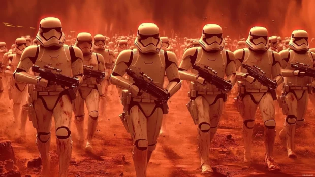 Clone Troopers in battle formation, intense Star Wars background for PC use.
