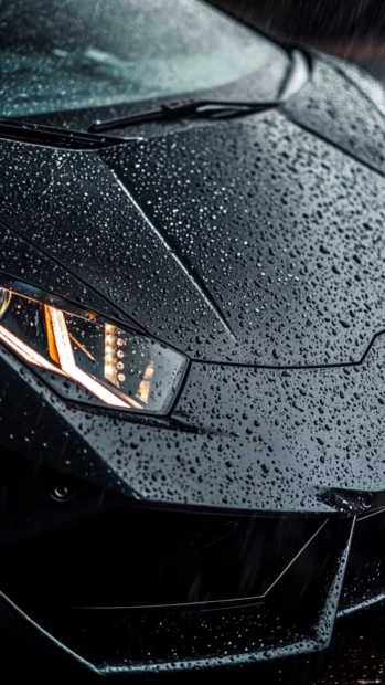 Close up Black Lamborghini wallpaper of the grille with rain droplets and headlight beams.
