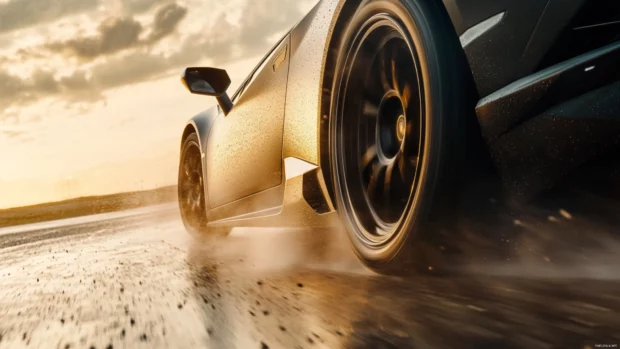 Close up Lamborghini alloy wheels spinning rapidly during a drag race.