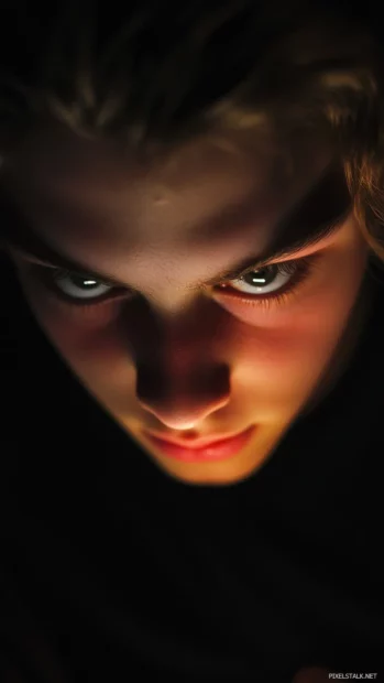 Close up boy face lit by phone screen in dark room.