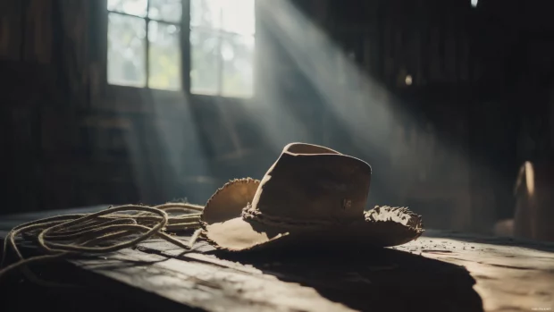 Close up cowboy hat with leather gear and lasso, soft sunlight through barn window.