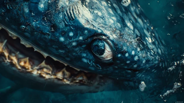 Close up detail of whale sharks mouth and eye underwater.