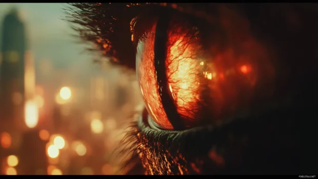 Close up of Godzillas eye reflecting explosions across the skyline.