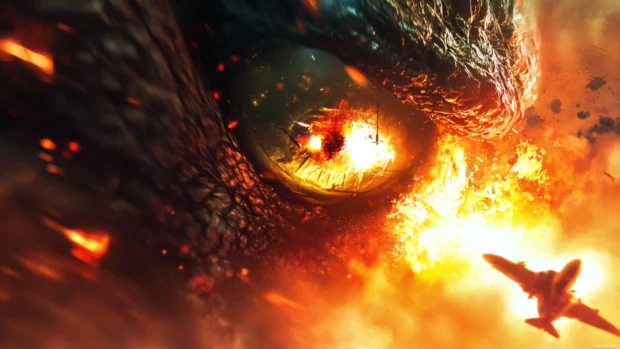 Close up of Godzillas eye reflecting fighter jets and explosions.