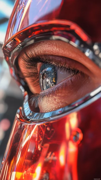 Close up of Iron Mans eye and faceplate reflections.