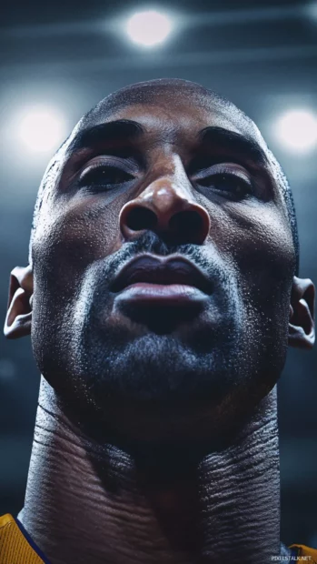 Close up of Kobe Bryants intense game face under harsh stadium lights.