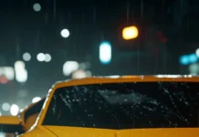 Close up of Lamborghini headlights reflecting ambient city glow in the rain.