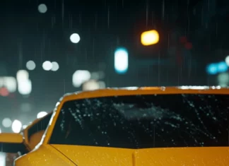 Close up of Lamborghini headlights reflecting ambient city glow in the rain.