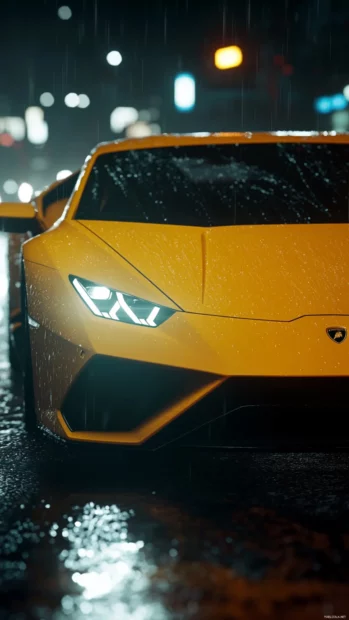 Close up of Lamborghini headlights reflecting ambient city glow in the rain.