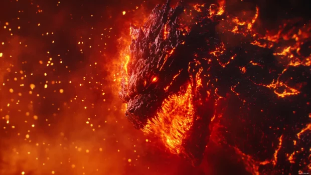 Close up of Shin Godzillas mutated skin with embers floating past.