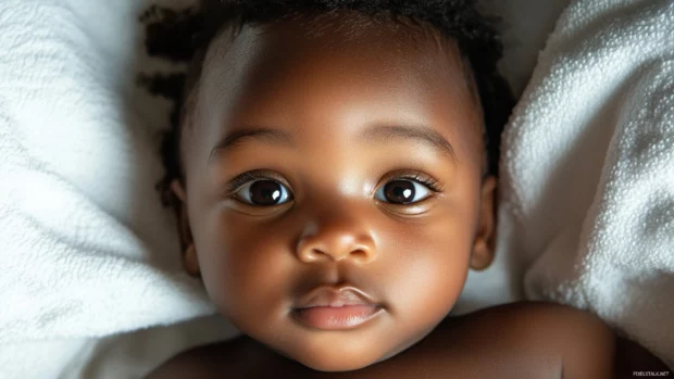 Close up of a baby boy lying on a soft white blanket, his bright eyes reflecting a warm, golden light.