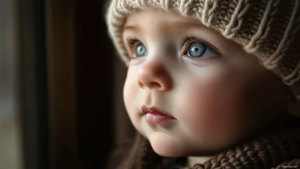 Close up of a baby boy wearing a knitted beanie, his face lit with natural sunlight from a nearby window.
