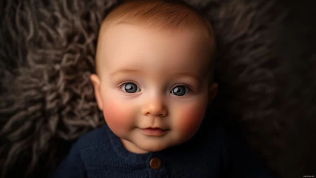 Close up of a baby boy with rosy cheeks and tiny dimples, looking curiously at the camera.
