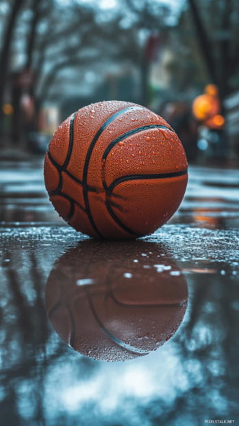 Close up of a basketball on wet asphalt with dramatic reflections.