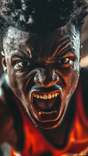 Close up of a basketball players fierce expression during an intense game, ideal sports wallpapers for phones.