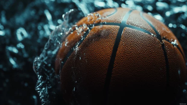 Close up of a basketball spinning with intense focus on textured surface.