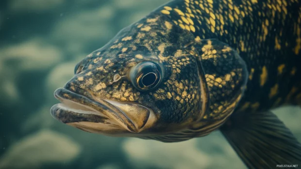Close up of a bass fish face and fins, showing intricate details of its scales and patterns in a calm lake setting.