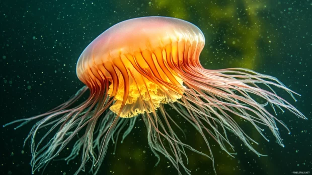 Close up of a delicate jellyfish, its bell pulsating gently in the water, with ethereal light creating a mystical atmosphere.