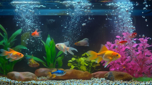 Close up of a fish tank with exotic angelfish, neon tetras, and a variety of coral and aquatic plants, water bubbles creating a peaceful atmosphere.