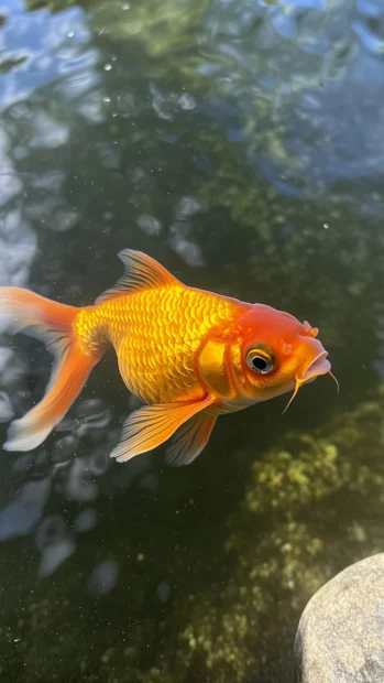Close up of a goldfish gliding through the water, its scales sparkling like gold under soft sunlight, a calm and tranquil pond background, a sense of serenity.
